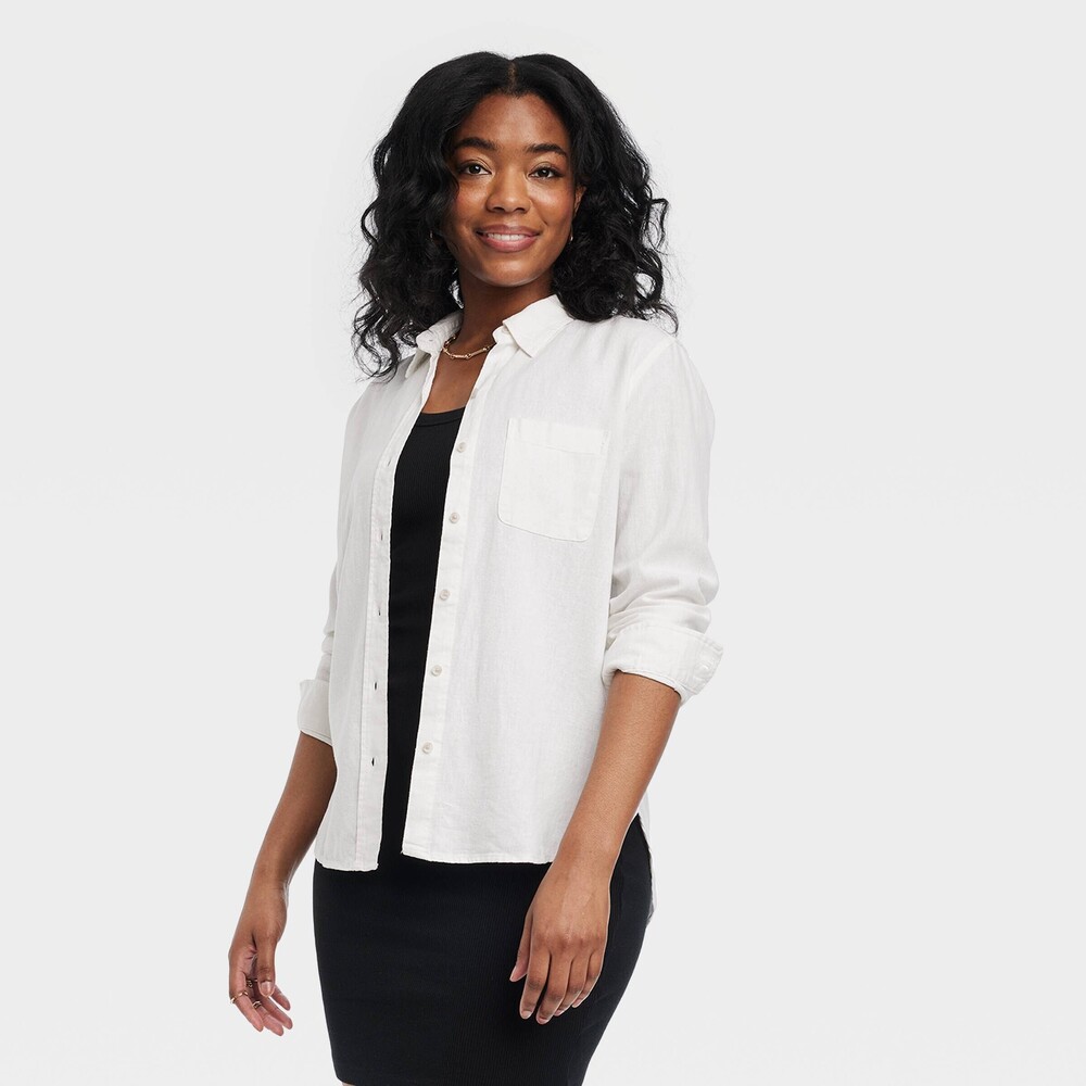 Linen Long Sleeve Collared Button-Down Shirt - White XL